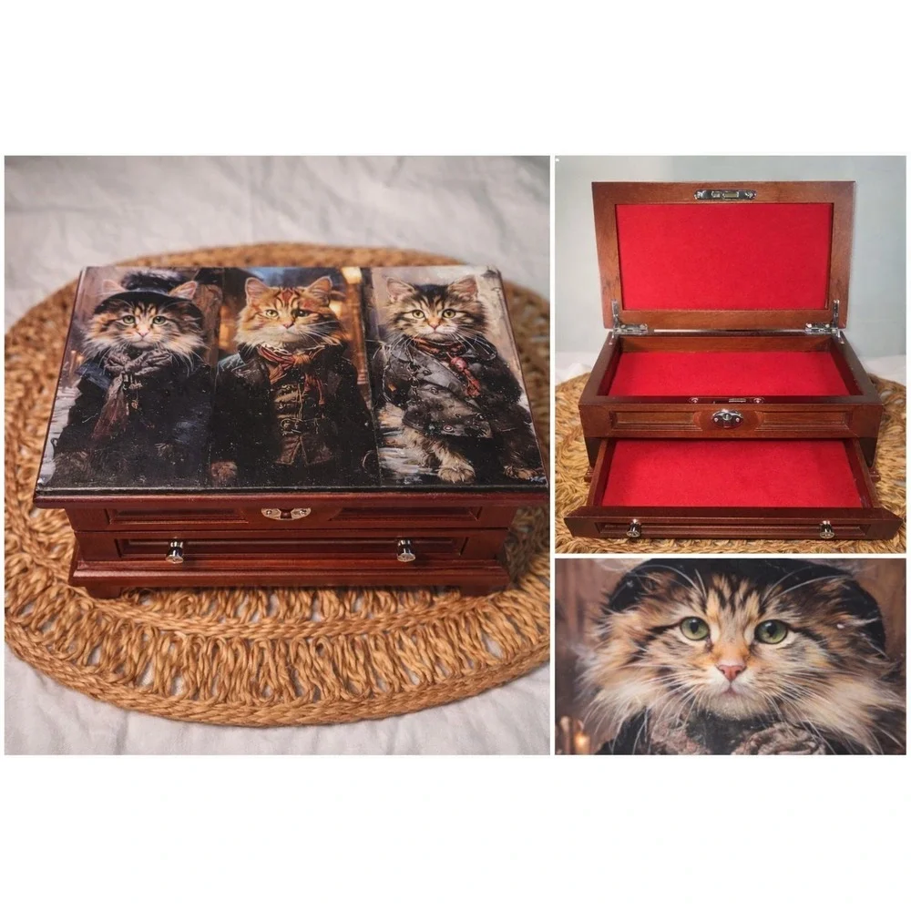 Upcycled Wooden Jewelry Box • Whimsical Victorian Kittens • Red Velvet Lined
